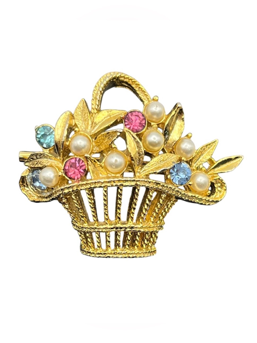 Gerry’s flower basket blue & pink rhinestone faux pearl gold tone brooch pin